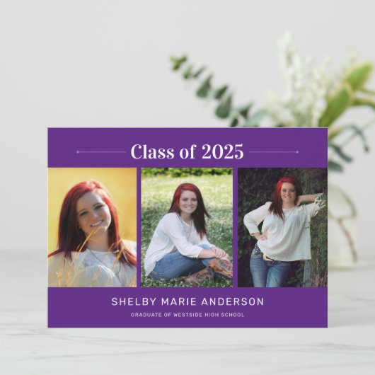 三モダンミニマル枚の写真パープル卒業 招待状 (スタンド正面)