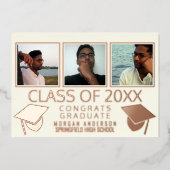 三モダン写真卒業キャップアイボリーバラ金ゴールド 箔招待状 (正面)