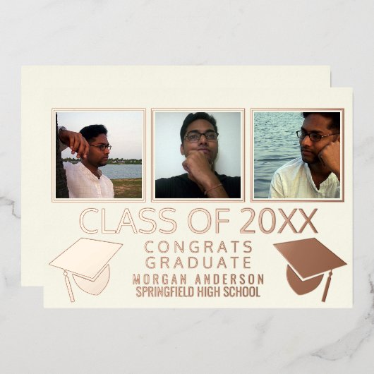 三モダン写真卒業キャップアイボリーバラ金ゴールド 箔招待状 (正面/裏面)