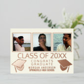 三モダン写真卒業キャップアイボリーバラ金ゴールド 箔招待状 (立ち正面)