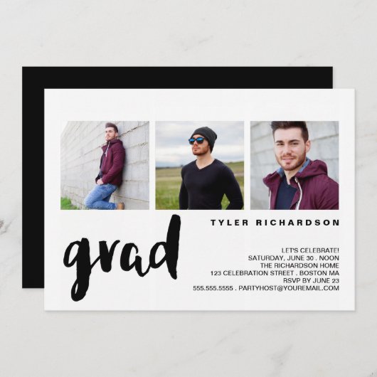 三モダン写真卒業パーティー招待状 招待状 (正面/裏面)