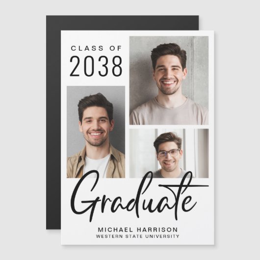 三モダン写真卒業磁気アナウンス マグネット招待状 (正面/裏面)