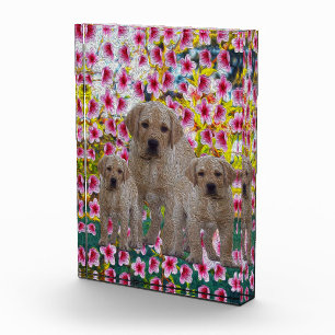 三ラブラドールの子犬と花の油絵を描。 フォトブロック