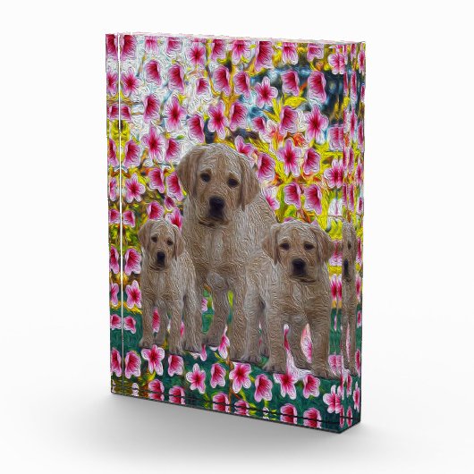 三ラブラドールの子犬と花の油絵を描。 フォトブロック (右)