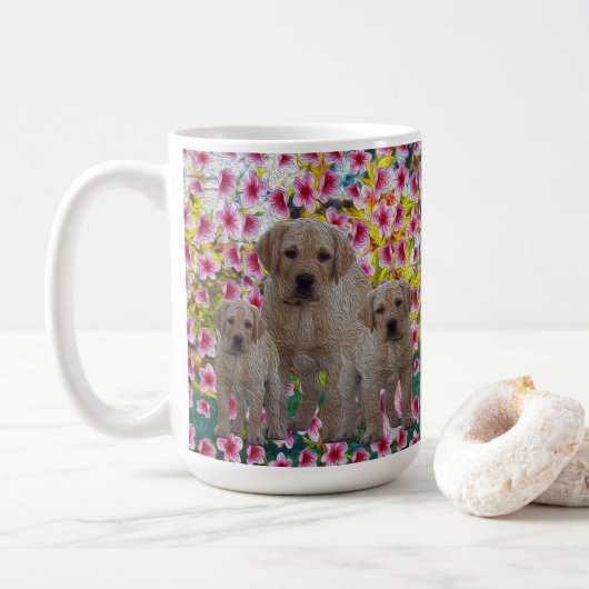 三ラブラドール子犬絵を描油、 コーヒーマグカップ (ドーナツ)