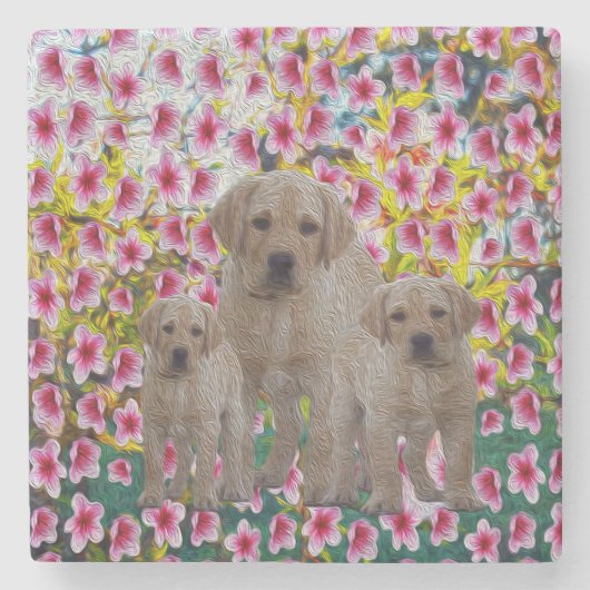 三ラブラドール子犬絵を描油、 ストーンコースター (正面)