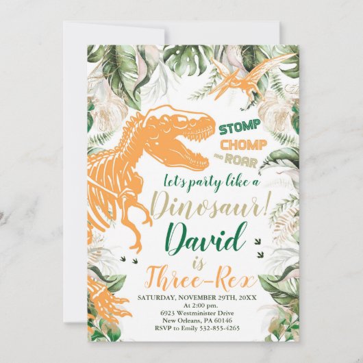 三レックス恐竜の誕生日パーティーDino Tレックス 招待状 (正面)