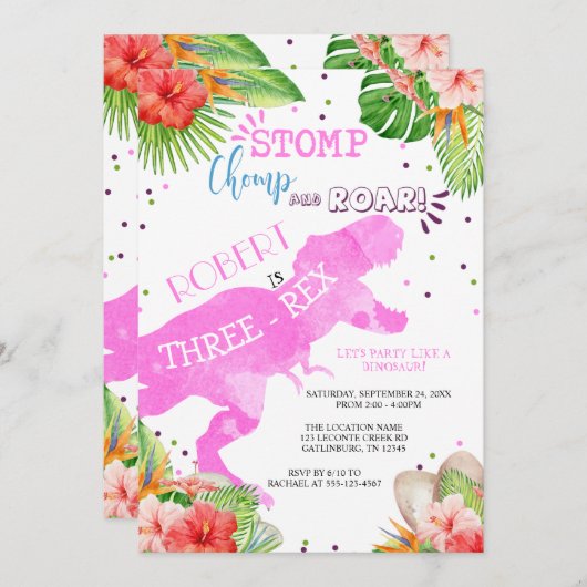 三レックス恐竜誕生日招待状ガール 招待状 (正面/裏面)