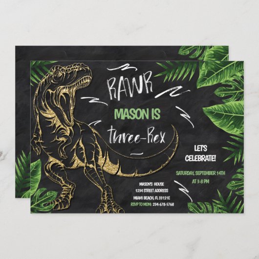三レックス恐竜誕生日招待状 招待状 (正面/裏面)
