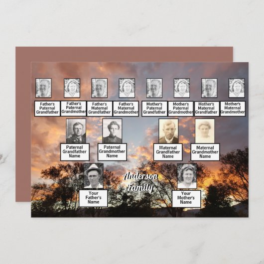 三世代の写真の木のライン オレンジの太陽と 招待状 (正面/裏面)