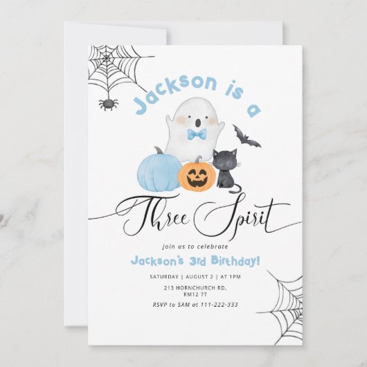 三人のスピリットハロウィーン青い不気味な男の子の誕生日 招待状 (正面)