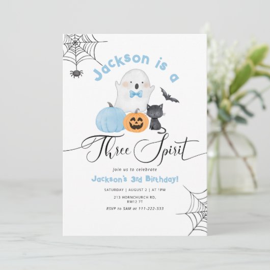 三人のスピリットハロウィーン青い不気味な男の子の誕生日 招待状 (スタンド正面)