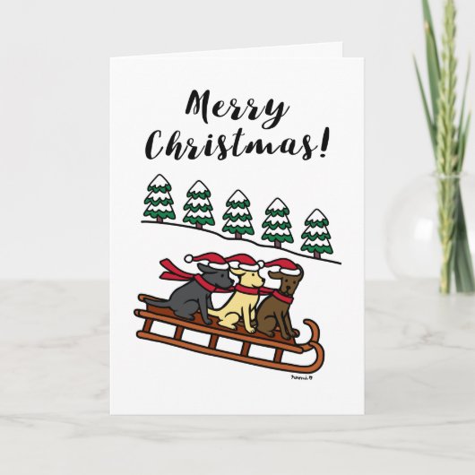 三人のラブラドールが滑るメリークリスマス シーズンカード (正面)