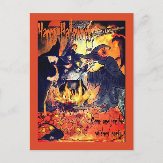 三人の魔女パーティー招待状 ハロウィン シーズンポストカード (正面)