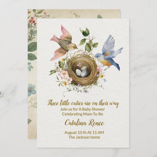 三倍の喜び:三つ子の誕生を祝おう! 招待状 (正面/裏面)