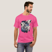三匹のオオカミが月のオオカミの恋人に向かって吠えている Tシャツ (正面フル)