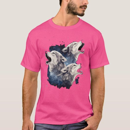三匹のオオカミが月のオオカミの恋人に向かって吠えている Tシャツ (正面)