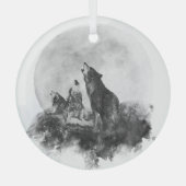三匹のオオカミが月の動物芸術で遠吠え ガラスオーナメント (正面)