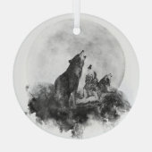 三匹のオオカミが月の動物芸術で遠吠え ガラスオーナメント (裏面)