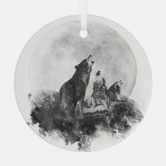 三匹のオオカミが月の動物芸術で遠吠え ガラスオーナメント (裏面)