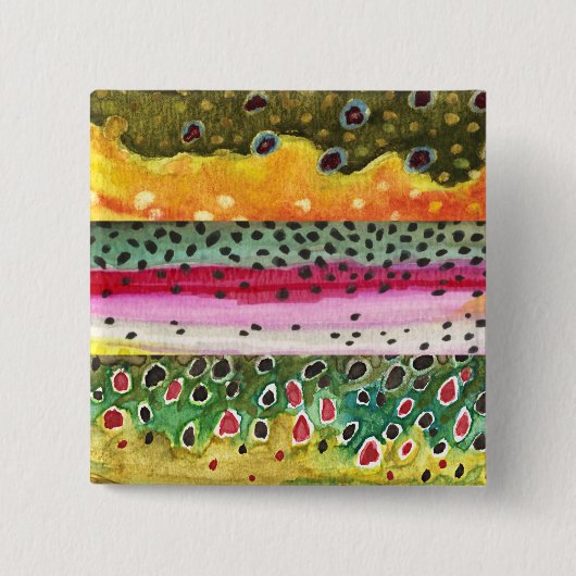 三匹のマスの皮 缶バッジ (正面)