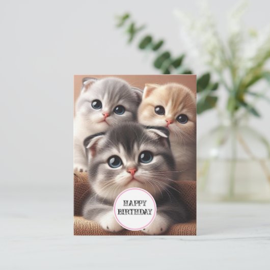 三匹の子猫の誕生日ポストカード ポストカード (スタンド正面)