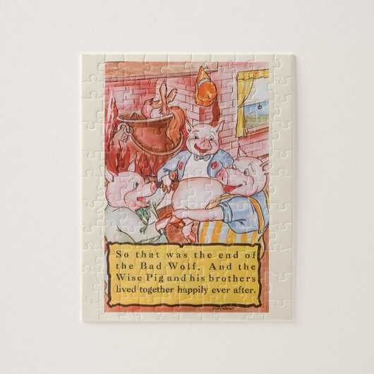三匹の子豚がオオカミを料理、ヴィンテージ童話 ジグソーパズル (縦)