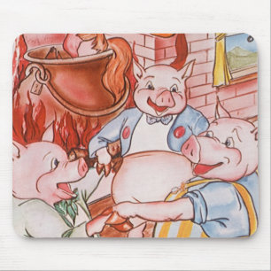 三匹の子豚がオオカミを料理、ヴィンテージ童話 マウスパッド