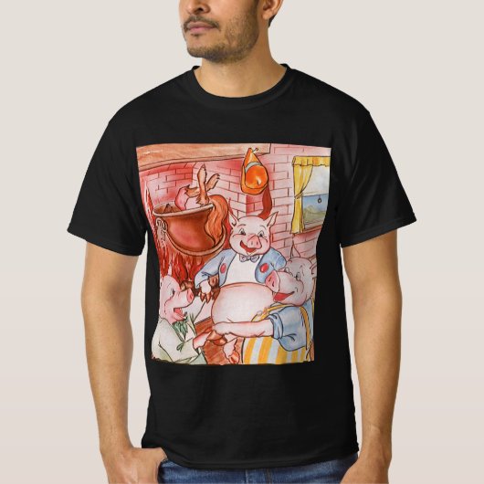 三匹の子豚と料理中の狼、ヴィンテージの童話 Tシャツ (正面)