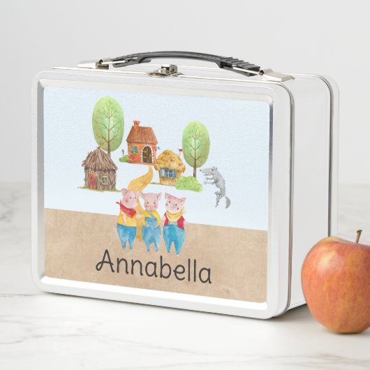 三匹の小さな豚カラフルフォークとおとぎ話 メタルランチボックス (インサイチュ)