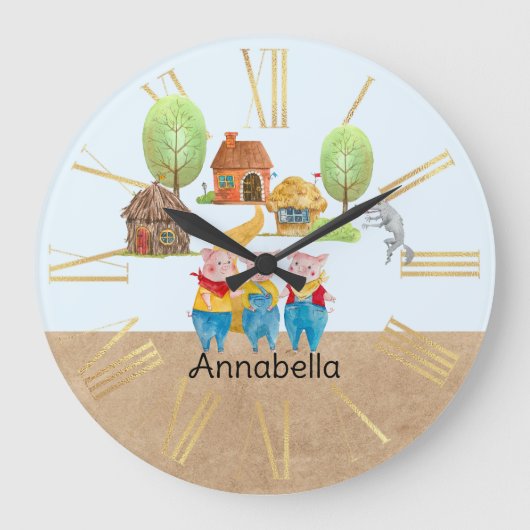 三匹の小さな豚カラフルフォークとおとぎ話 ラージ壁時計 (正面)