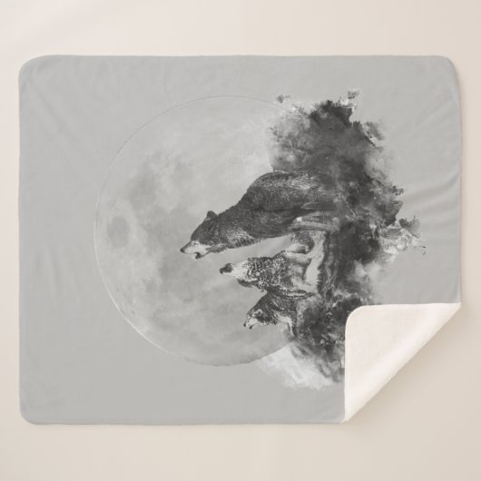 三匹の狼が月のグラフィックアートで遠吠え シェルパブランケット (正面(横))