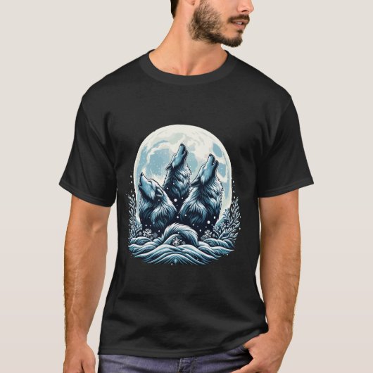 三匹の狼が月の下で吠える灰色の狼 Tシャツ (正面)