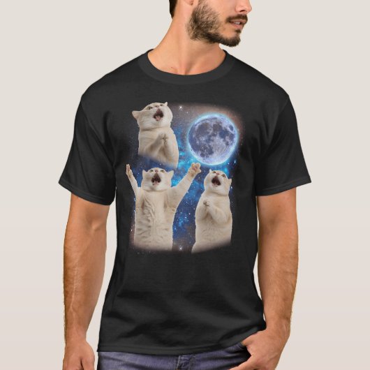 三匹の猫が月のミーム猫を吠風変わりえる Tシャツ (正面)