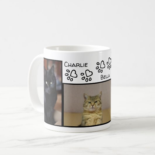三匹の猫の名前と写真入り立派な肉球ハート コーヒーマグカップ (正面左)