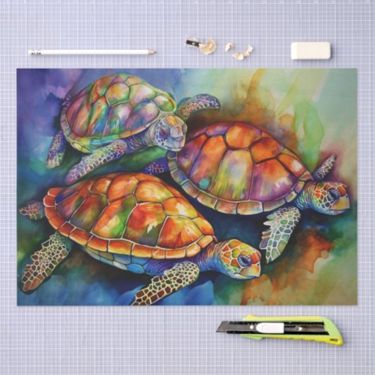 三匹の雄大なウミガメが荒海を移動 薄葉紙 (クラフト)