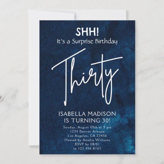 三十人 |ネイビーブルー30thバースデーサプライズパーティー 招待状 (正面)