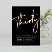 三十人 |モダン金ゴールド&ブラック30th誕生日パーティー 箔招待状 (立ち正面)