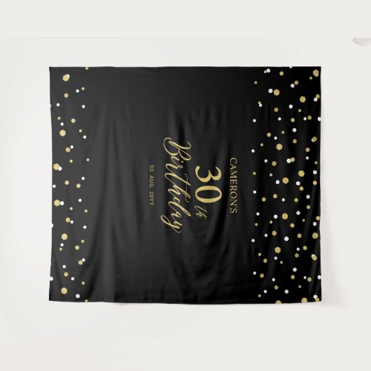 三十人 |金ゴールドとブラック30th誕生日パーティー背景 タペストリー (正面(横))