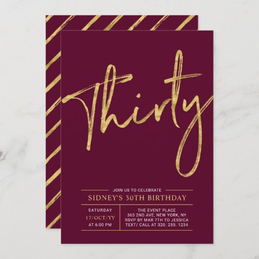 三十人 |金ゴールドとブルゴーニュ30歳の誕生日パーティー 招待状 (正面/裏面)
