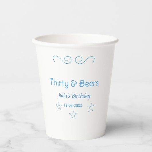 三十歳のビール好きのための青い星のスペイン語の誕生日名札 紙コップ (正面)