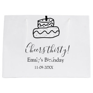 三十歳の誕生日おめでとう ケーキ ブラック落書きハンドメイド ラージペーパーバッグ