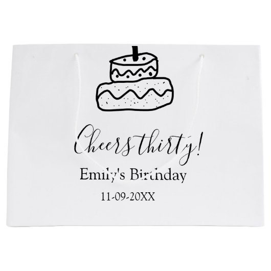 三十歳の誕生日おめでとう ケーキ ブラック落書きハンドメイド ラージペーパーバッグ (正面)