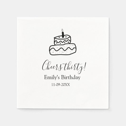 三十歳の誕生日おめでとう 黒の落書きケーキ スタンダードカクテルナプキン (正面)