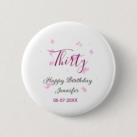 三十歳の誕生日 ピンク グリッター 星 ブラック 30歳の日付 缶バッジ (正面)