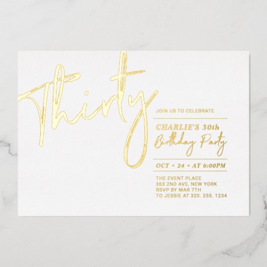 三十 |モダン金ゴールド30th誕生日パーティー 箔招待状 (正面)