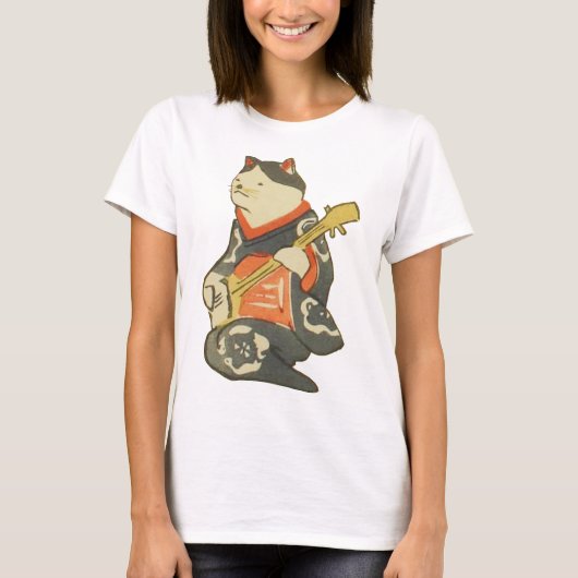 三味線を弾く猫、ギター、Kuniyoshiの浮世絵を演奏している国芳猫 Tシャツ (正面)
