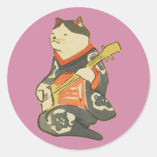 三味線を弾く猫,国芳猫の遊ギター，国芳，浮世絵 ラウンドシール