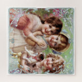 三小さな女の子と犬ヴィンテージプリント ジグソーパズル (横)