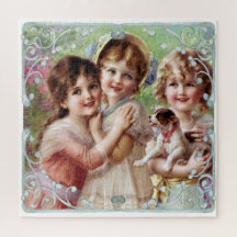 三小さな女の子と犬ヴィンテージプリント